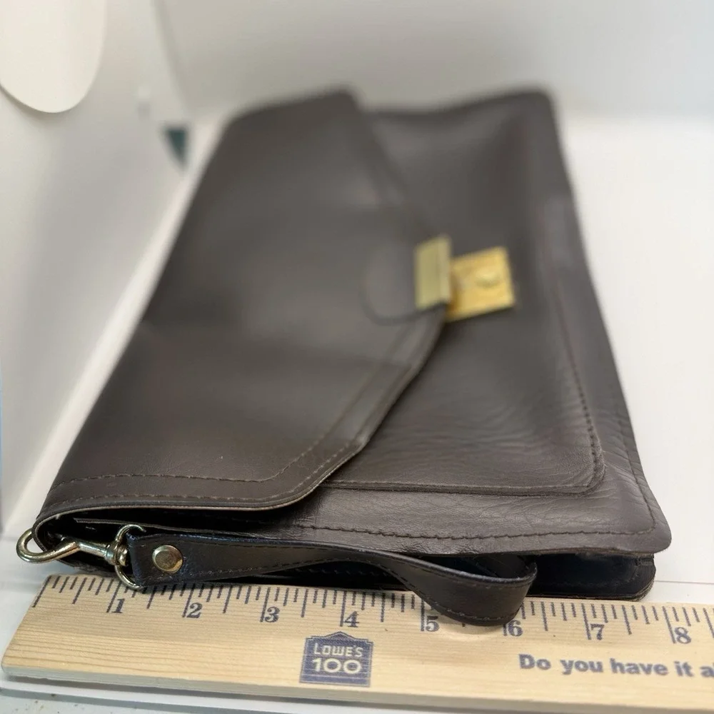 VTG Brown Leather Briefcase Gold Tone Lock & Key 12x8 Slim Portfolio Attache Bag